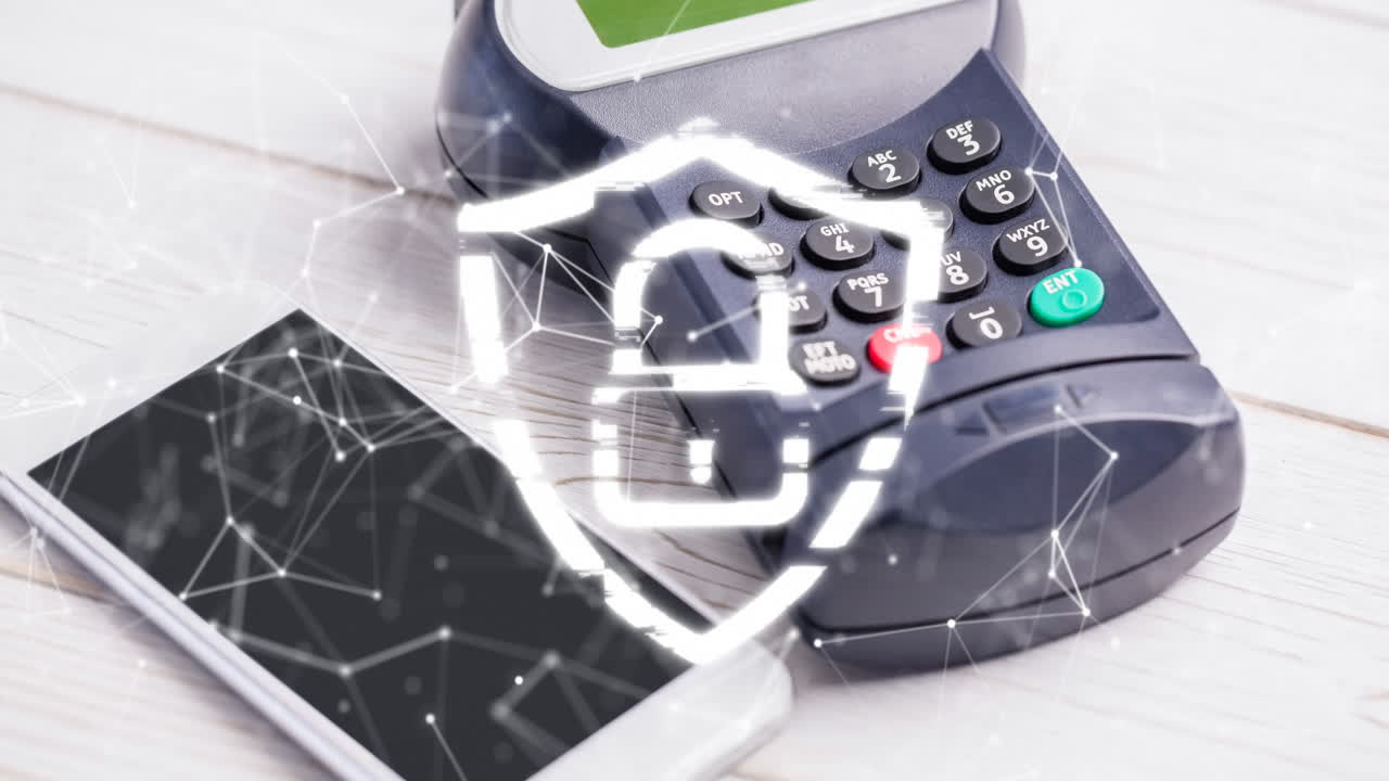 animación de la red de conexiones y el candado de seguridad a través de teléfonos inteligentes y terminales de pago