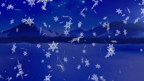 Animation-Von-Weißen-Schneeflocken,-Die-Zur-Weihnachtszeit-über-Die-Blaue-Winterlandschaft-Fallen