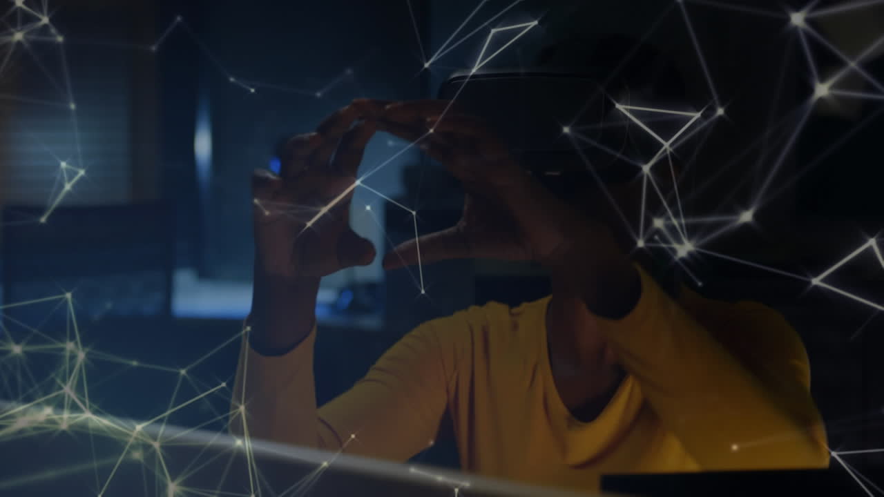 Animation of networks of connections over woman using vr headset in background