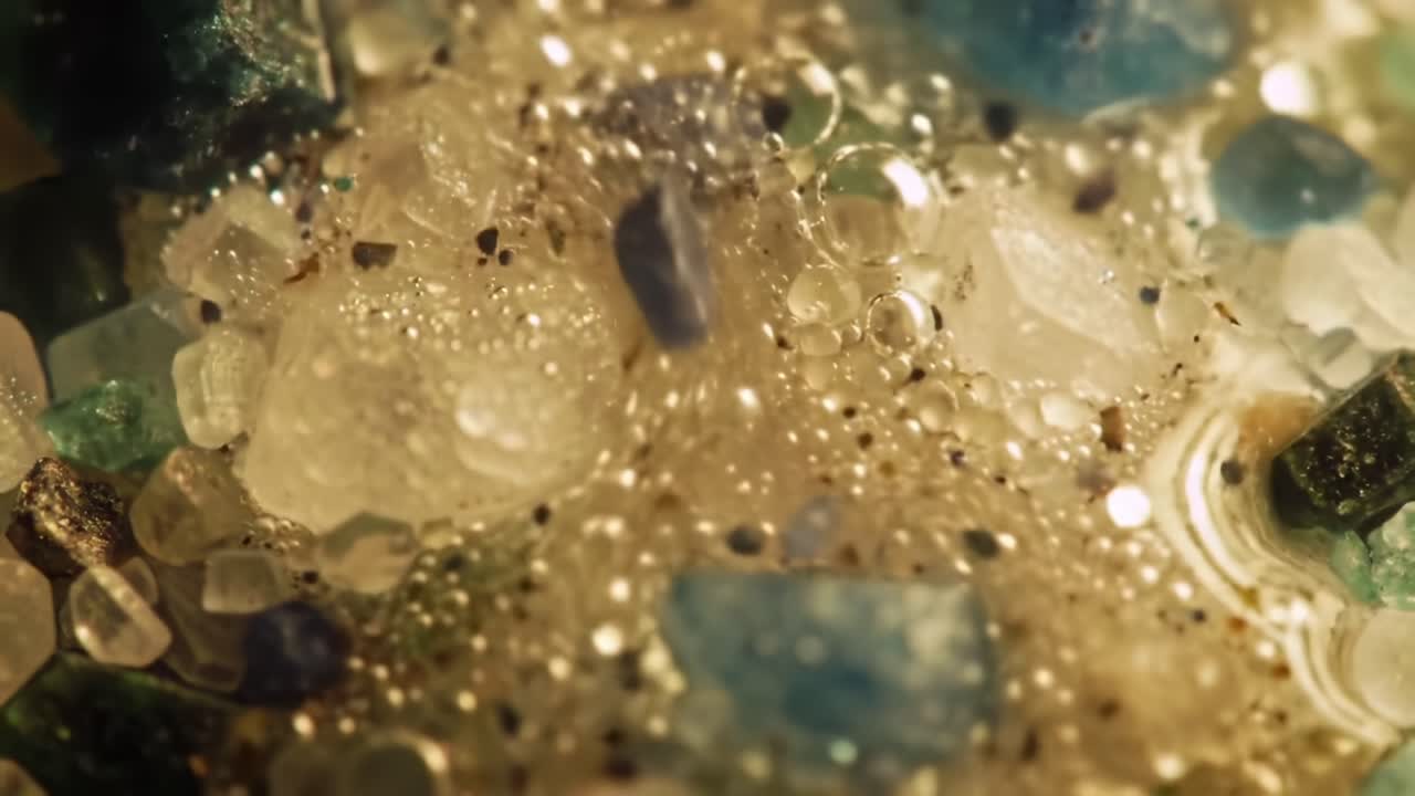 Close-up Exploration of Colorful Mineral Crystals and Water Interaction