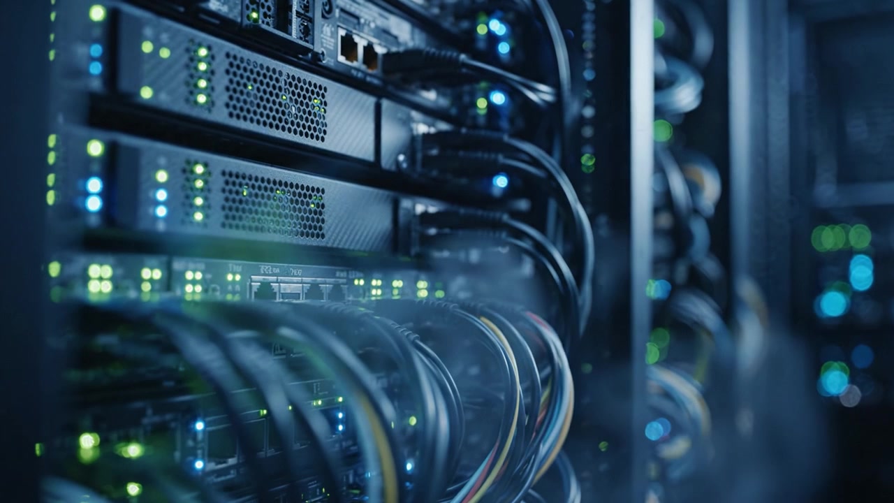 Exploring Advanced Server Technology: Close-up Views of Network Infrastructure and Data Center Equipment Showcasing Connections, Ports, and Illuminated Status Indicators