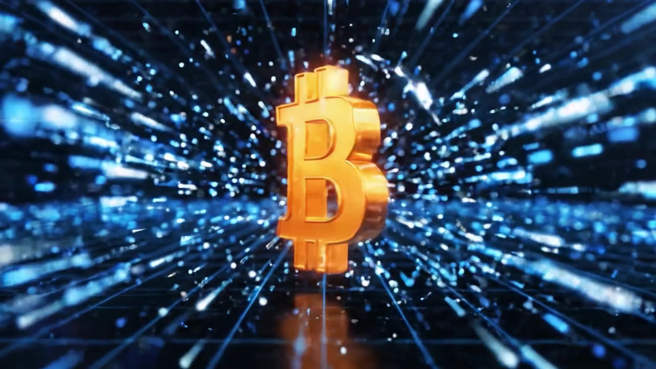 Un viaggio mozzafiato attraverso il regno virtuale che presenta un ingranaggio in evoluzione e il simbolo del Bitcoin, evidenziando l'intersezione tra tecnologia e finanza
