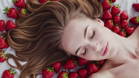 woman with long wavy hair covered in strawberries