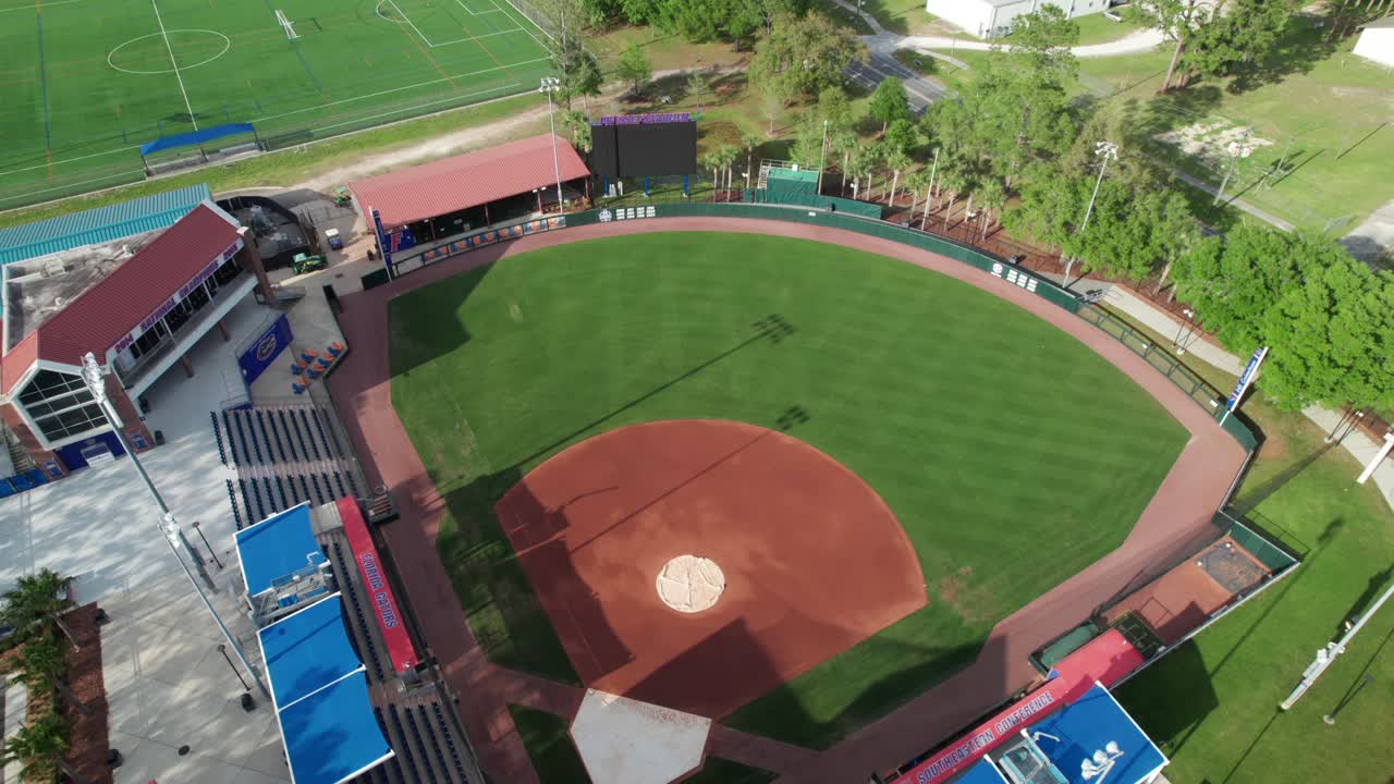 Overhead aerial of a beautiful small softball stadium, 4K