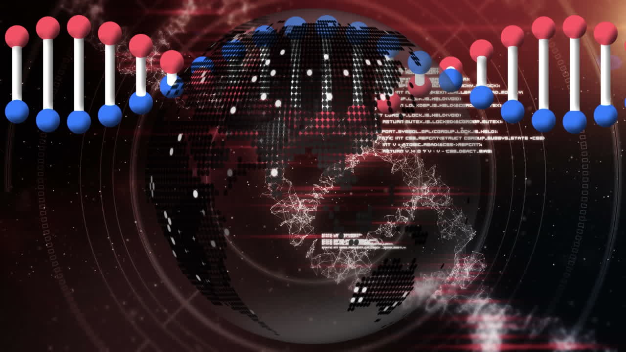 animación del hilado de cadenas de adn y procesamiento de datos médicos en todo el mundo