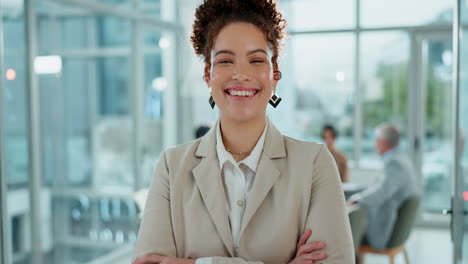 a confident businesswoman smiling in a modern office