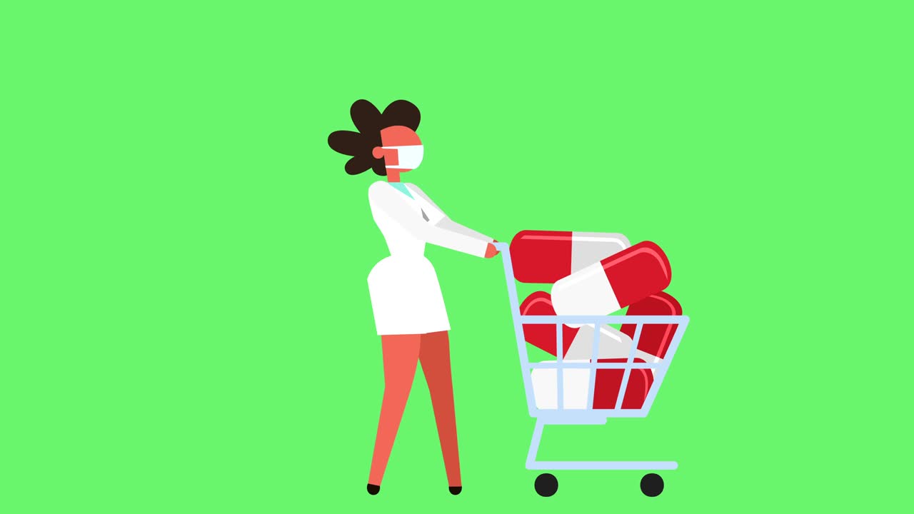 컬러 스틱 인형 의사 여성 캐릭터 약국과 함께 걸어 약을 태블릿 만화 애니메이션