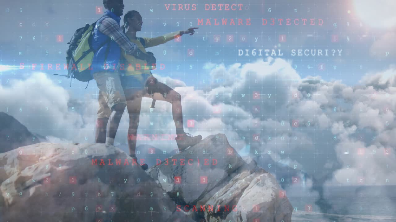 At summit couple drinking and pointing sunrise causing cybersecurity warnings drifting across view