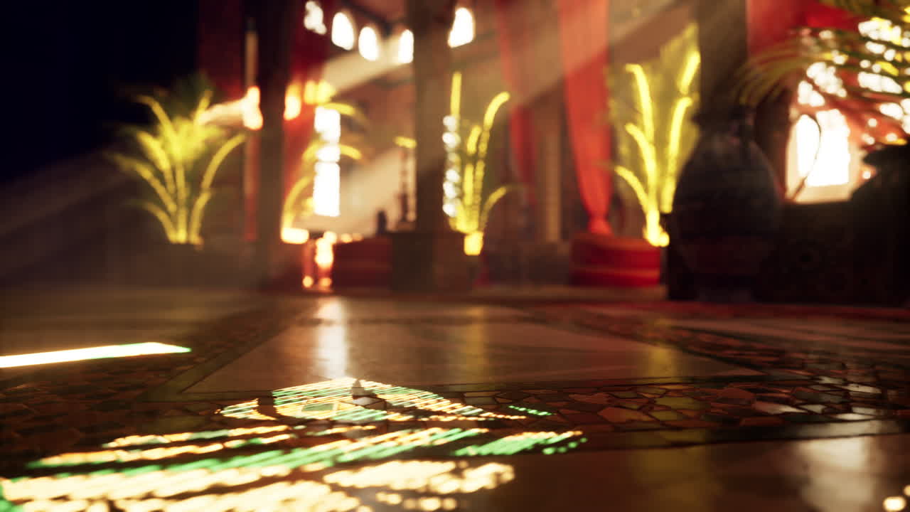 기둥, 화려한 장식, 타일로 된 바닥이 있는 웅장하고 고급스러운 내부.