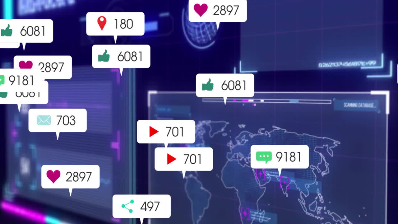 Social media notifications animation over digital world map and data interface