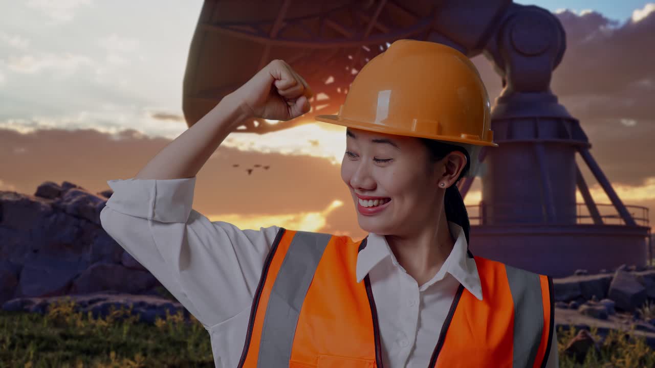 Close Up Of Asian Female Engineer With Safety Helmet Flexing Her Bicep And Smiling To Camera While Standing With Large Satellite Dish