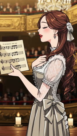 anime woman singing opera with sheet music