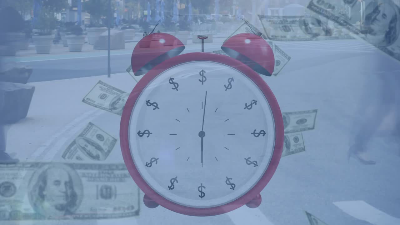 Alarma roja apareciendo sobre el paso de cebra, con personas difuminadas, manos moviendo billetes a la deriva, mostrando el ajetreo financiero.