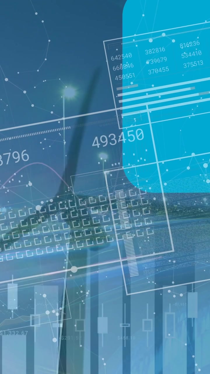 Animation of financial data processing and statistics over wind turbine