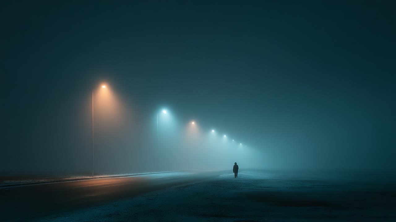 A solitary figure walks along a foggy street illuminated by soft streetlights, creating an atmosphere of mystery and isolation in the dimly lit surroundings