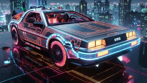 back to the future delorean in a futuristic cityscape