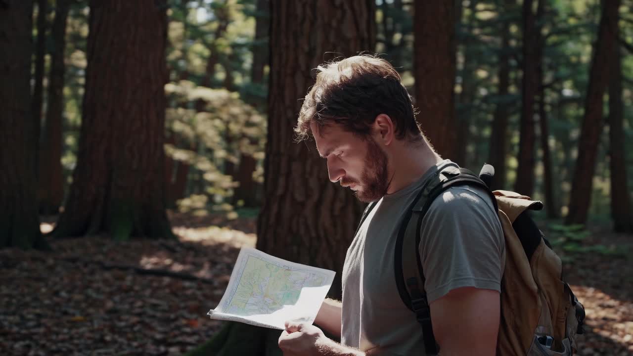 Wide-angle video captures a lone hiker with a backpack, exploring a sunlit, dense forest