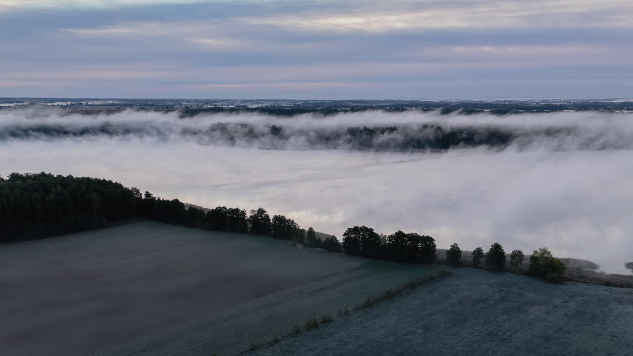 Misty Morning Over a Lake and Farmland