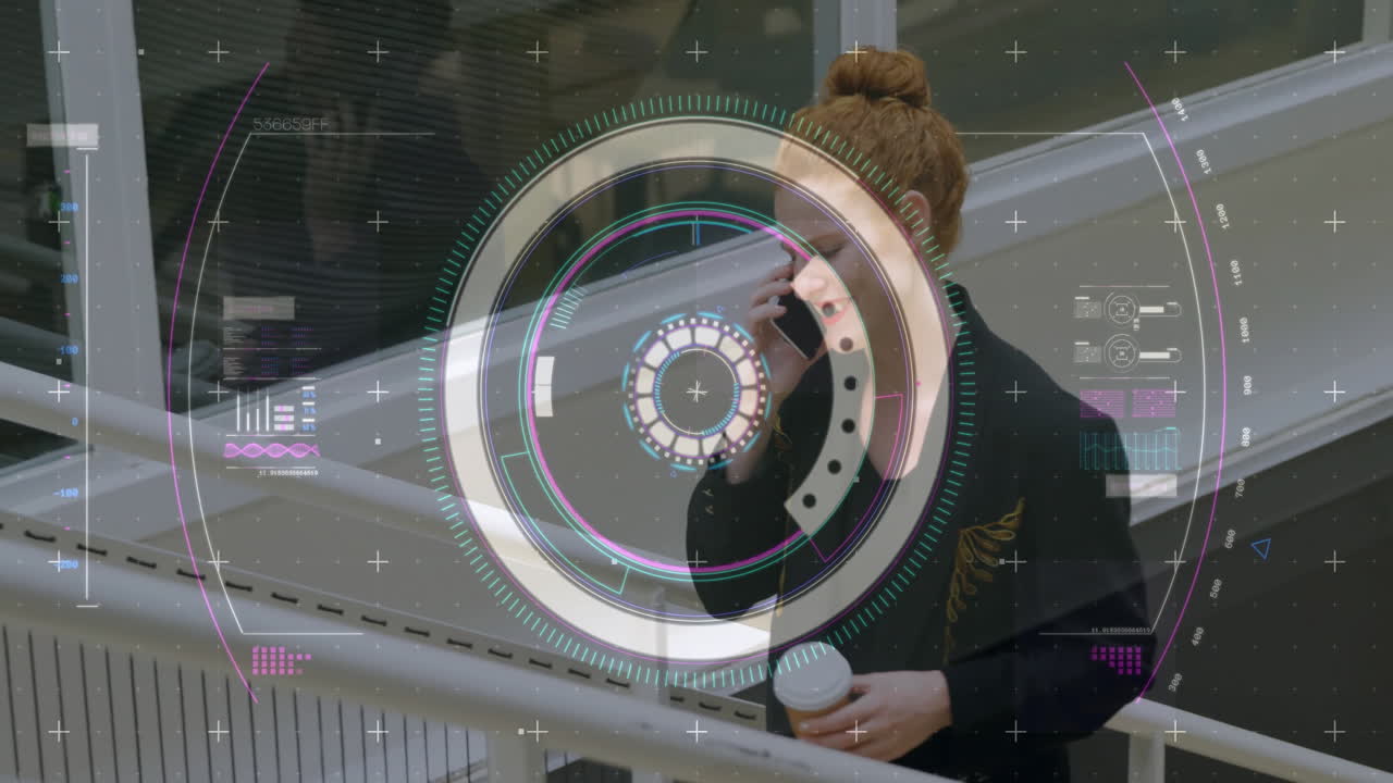 Animation of data processing and scope scanning over caucasian woman talking on smartphone