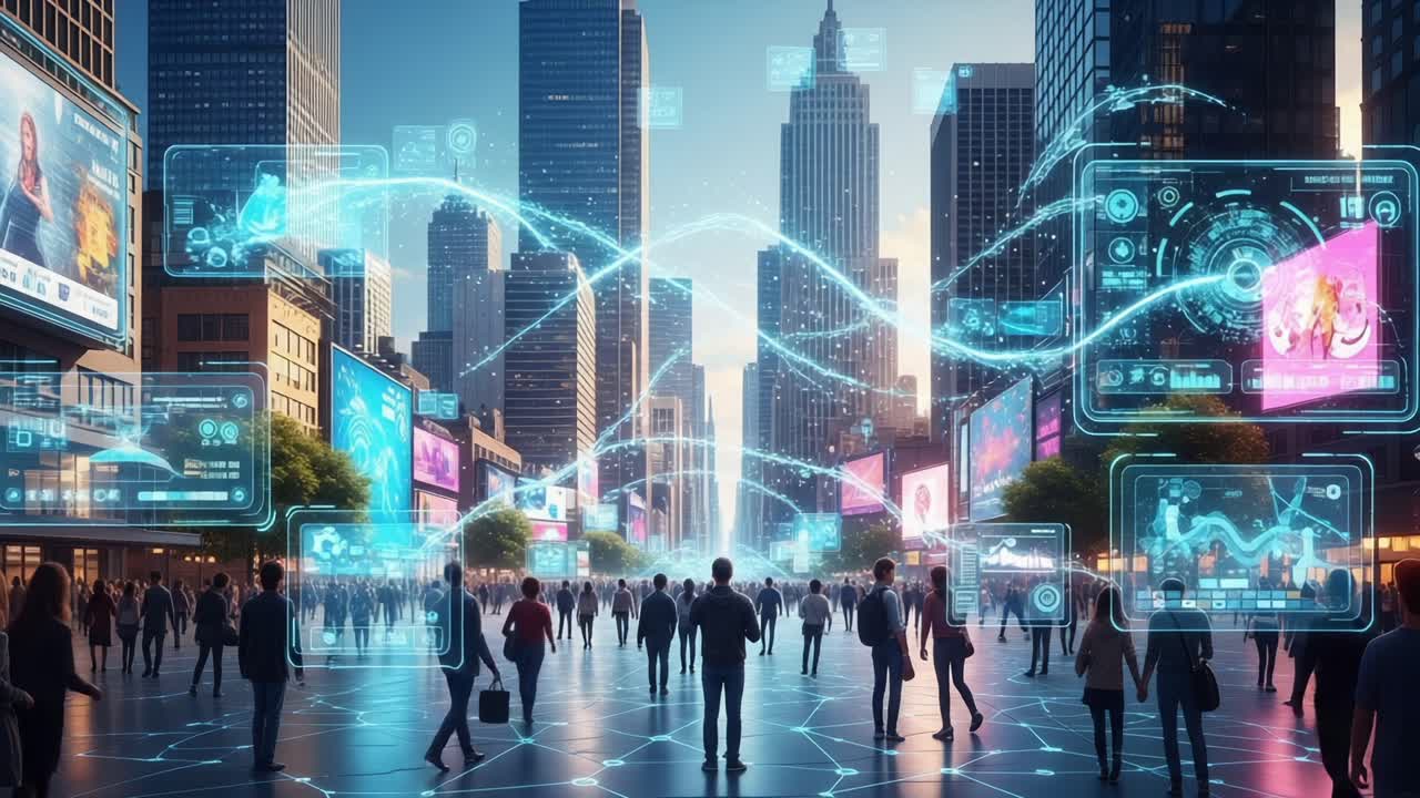 Futuristic Urban Scene with Enhanced Digital Displays and Data Streams Flowing through a Bustling City, Showcasing Advanced Technology in a Vibrant Atmosphere