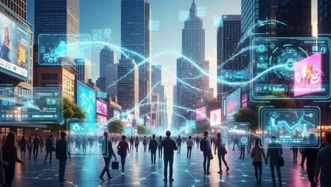 futuristic urban scene with enhanced digital displays and data streams flowing through a bustling city, showcasing advanced technology in a vibrant atmosphere
