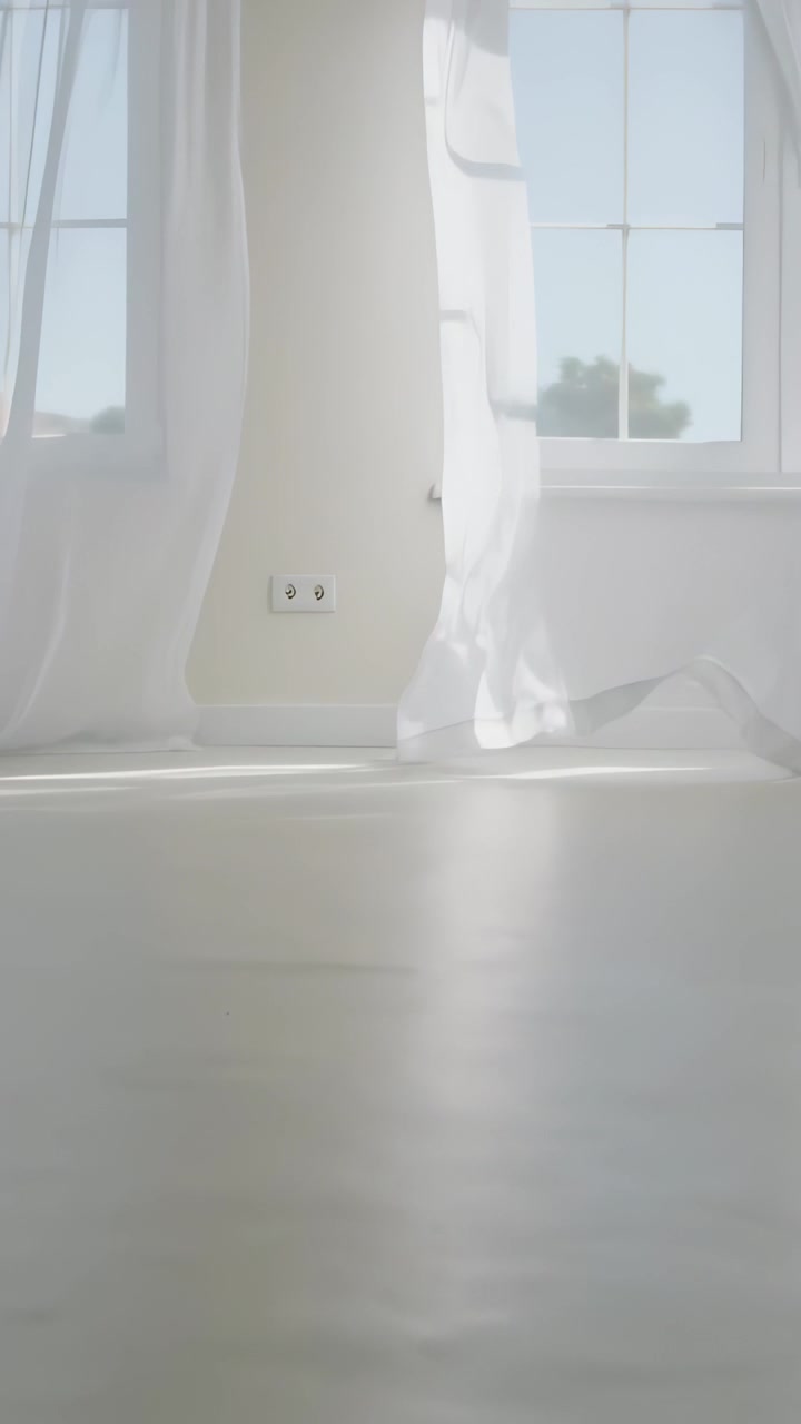 Video verticale: Tende trasparenti che ondeggiano verso l'interno in una stanza illuminata dal sole, mosse dalla brezza, mostrando le finestre.