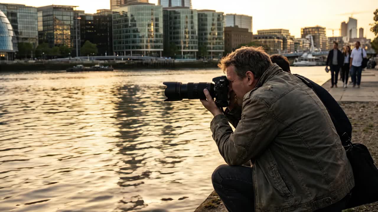 Homem agachado perto do rio fotografando a cidade ao pôr do sol