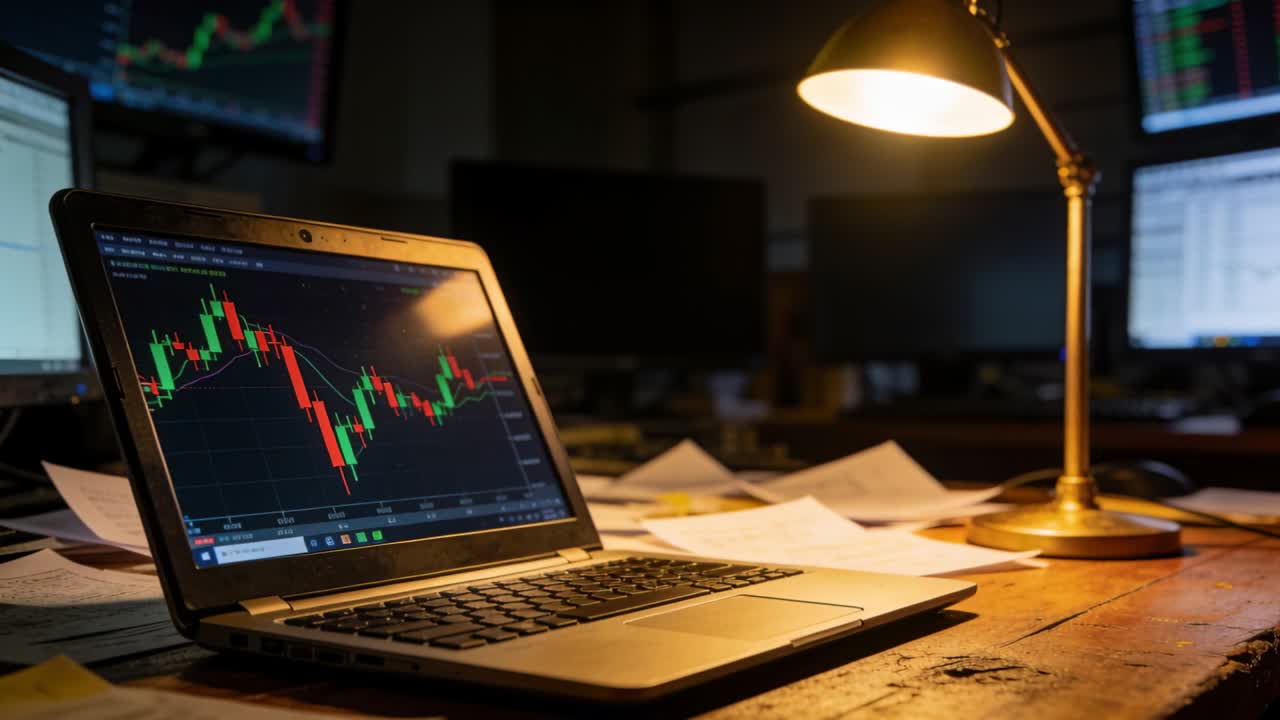 Live market data updating laptop chart fluctuating camera shifting lamp casting light for trading