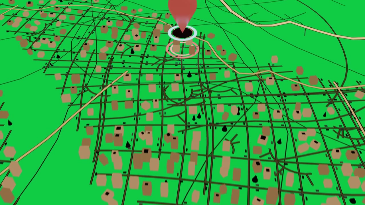 Pino vermelho subindo, fazendo a câmera recuar e inclinar, revelando um mapa 3D de estradas em fundo transparente