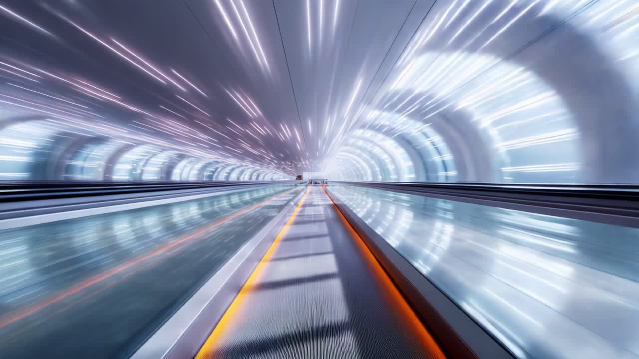 A mesmerizing view of a futuristic tunnel showcasing vibrant light trails, conveying a sense of motion and speed as one traverses through its sleek, modern architecture and reflective surfaces