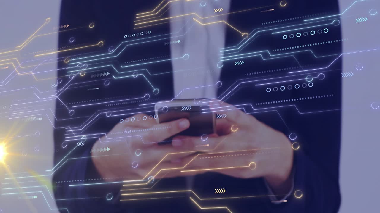 Camera shifting down, businesswoman smiling and holding smartphone, thumbs tapping to access data