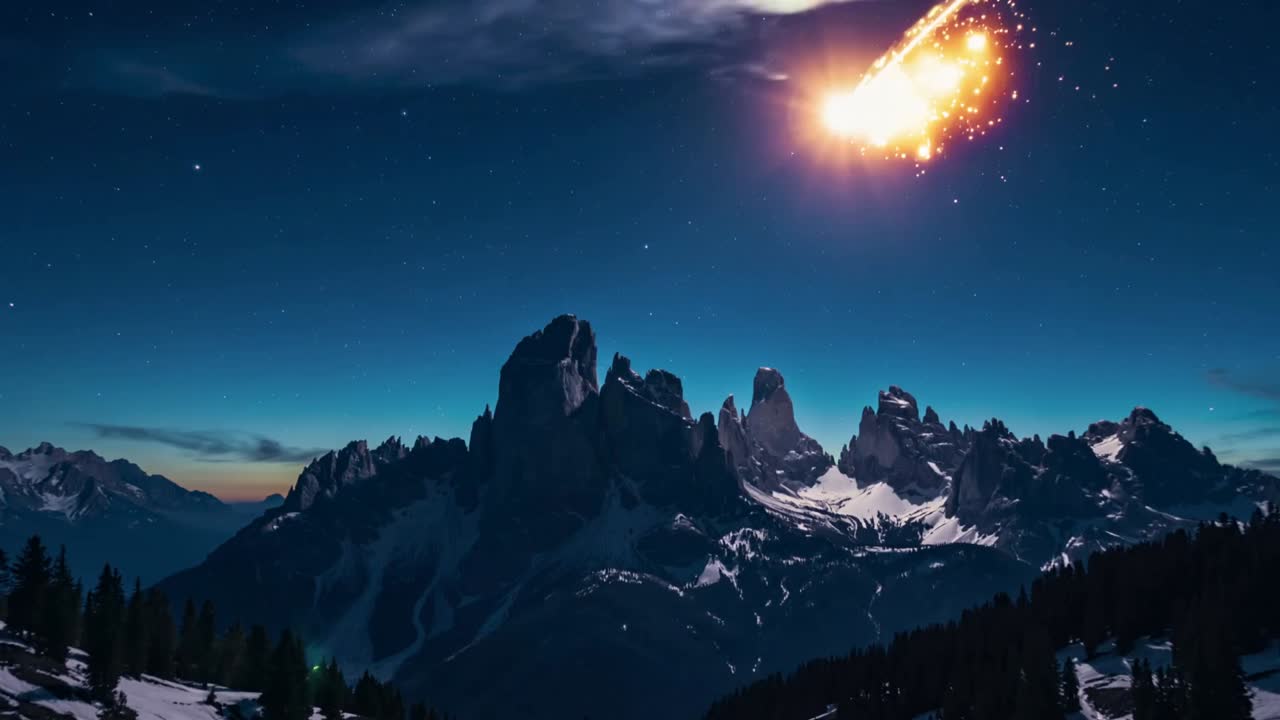 Piercing fiery meteor entering from right, striking alpine ridge at night, producing bright flare