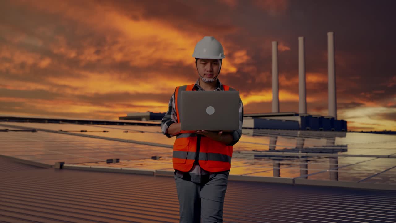 Front View of Asian Male Engineer Use Computer While Walking and Inspecting Solar Panels on Rooftop at Sunset