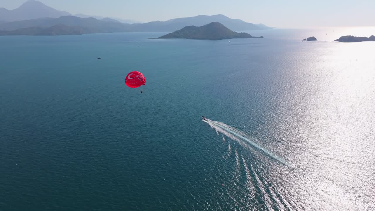 High-angle view of parasail over Mediterranean Sea islands, Fethiye