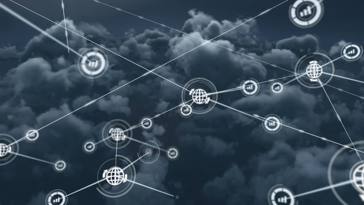 animación de la red de conexiones con iconos sobre nubes