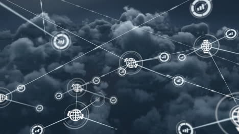 animation of network of connections with icons over clouds