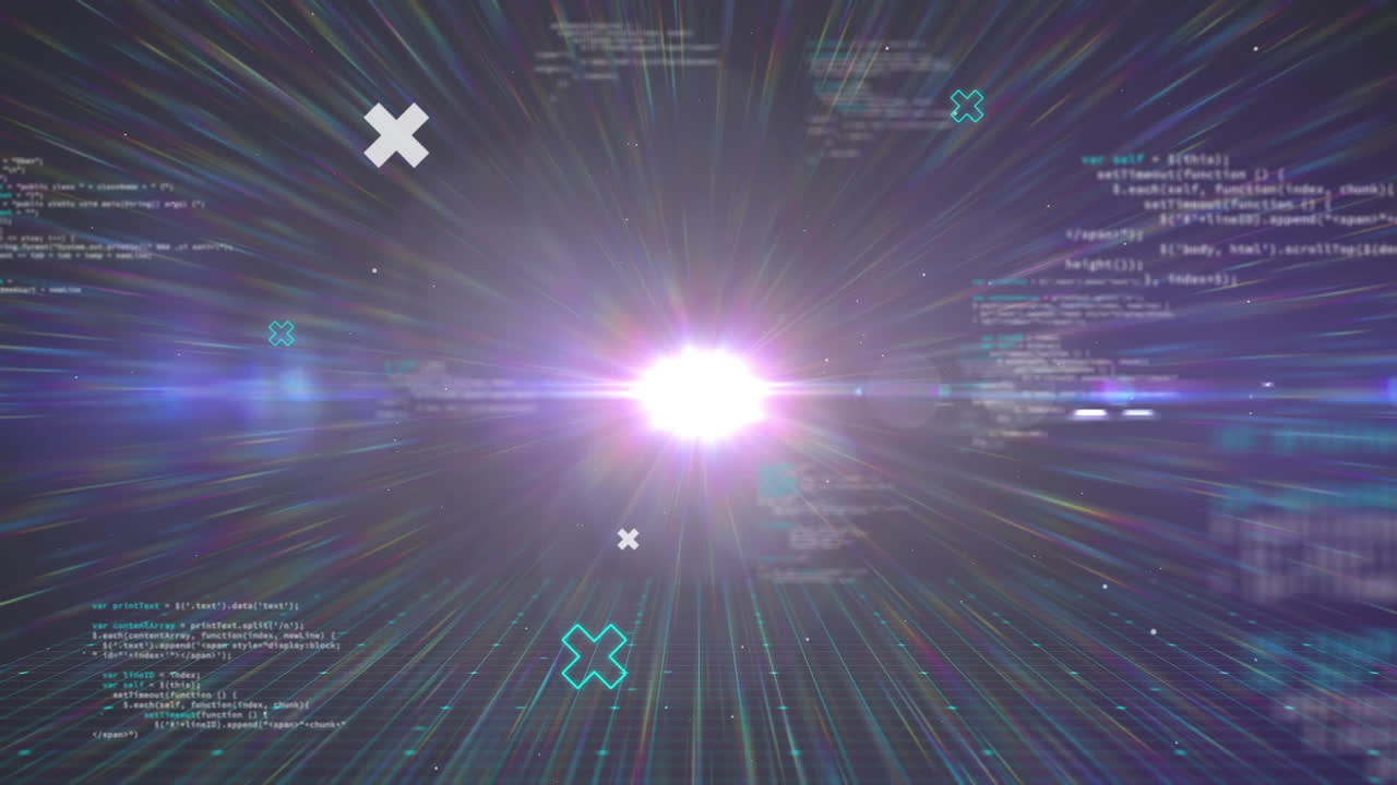 Animation of digital data processing and recording with glowing spot and grid in the background