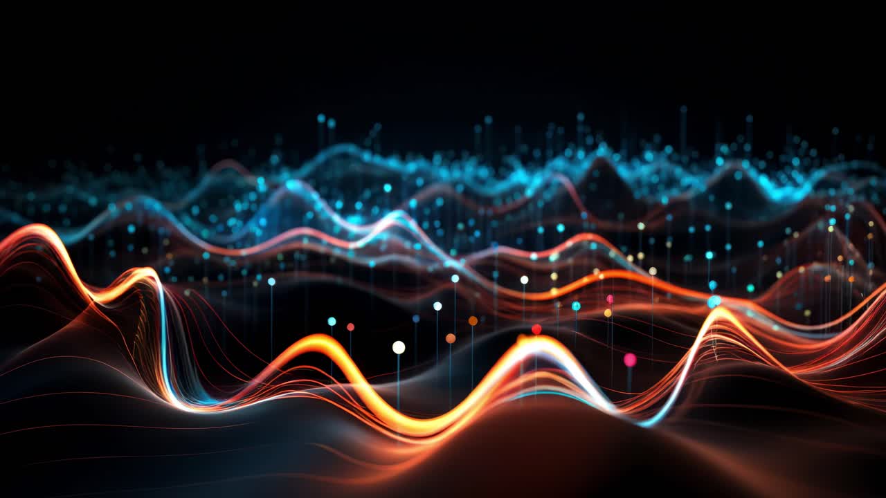 Dynamic digital waves in vibrant colors flow across a dark background