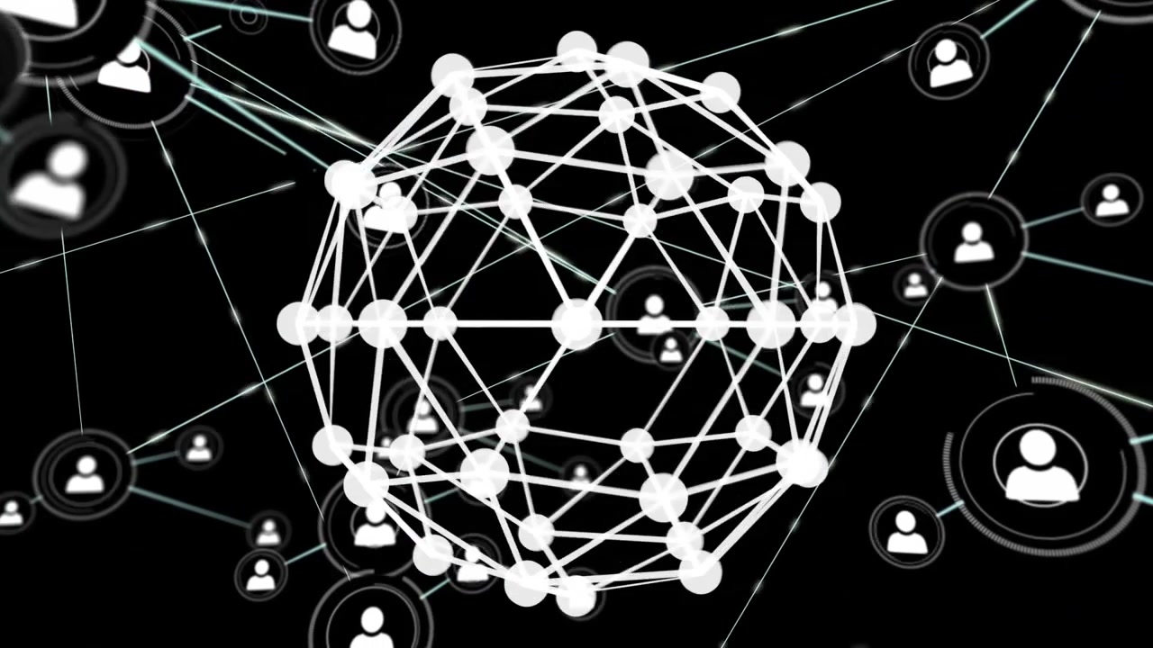 Animation of network of connections and data processing over dark background