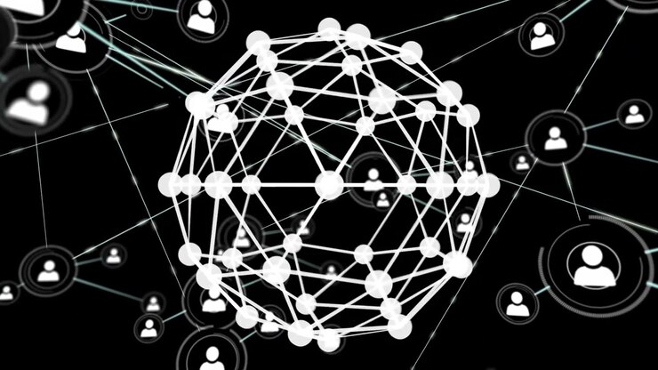 Animation of network of connections and data processing over dark background