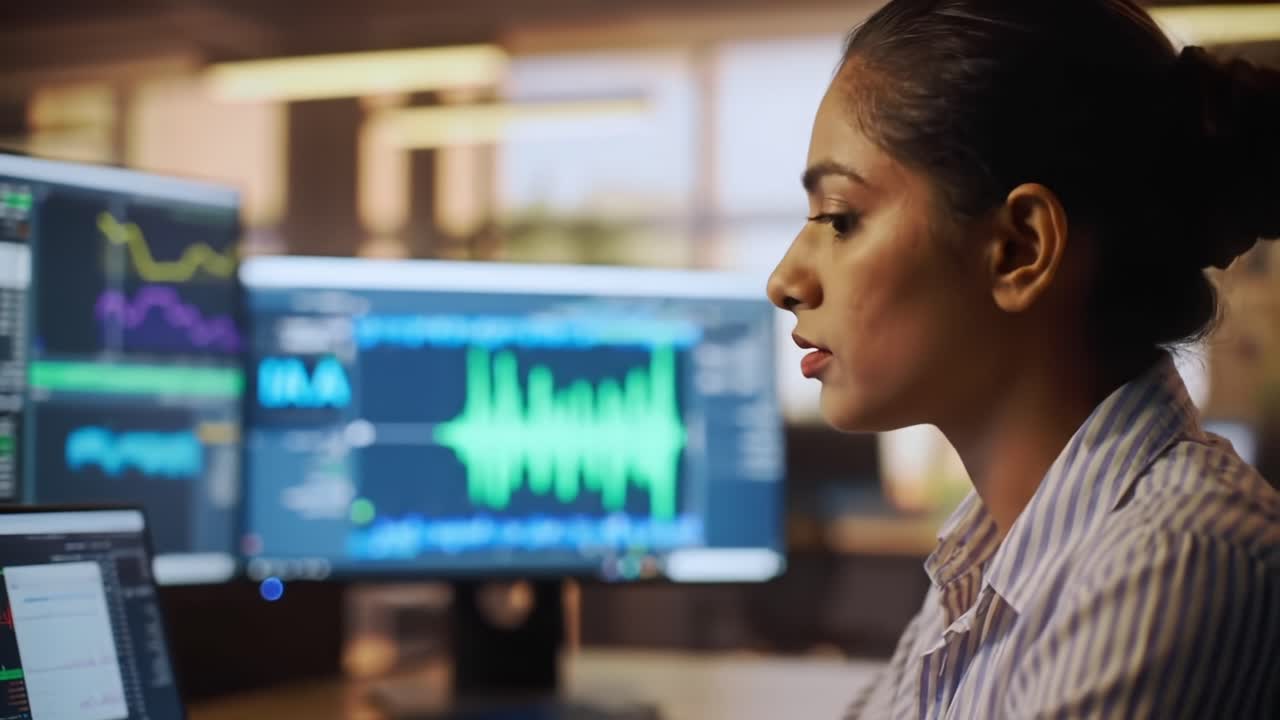 Focused Analysis of Audio Waveforms: A Young Professional Engaged in Data Processing and Visualization at a Modern Workstation with Multiple Monitors Displaying Complex Graphs
