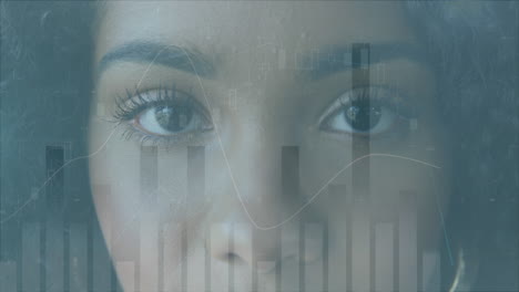 animación de múltiples gráficos moviéndose sobre el retrato en primer plano de una mujer biracial parpadeando los ojos.