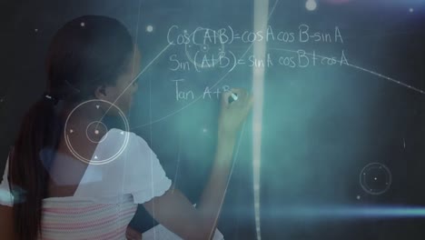 animation of connections and data over african american girl writing math formulas on blackboard