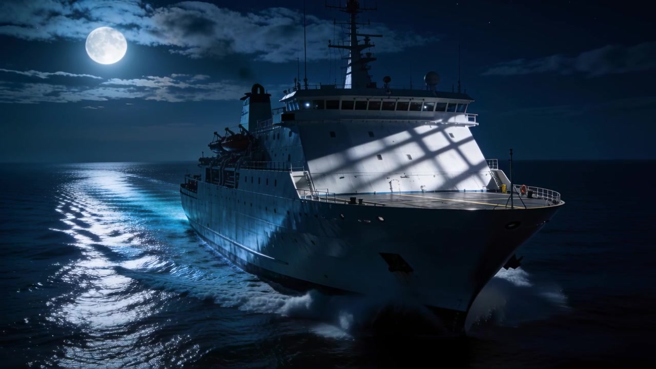 I motori di una grande nave passeggeri la spingono attraverso l'oceano aperto di notte, con i riflessi della luna piena.