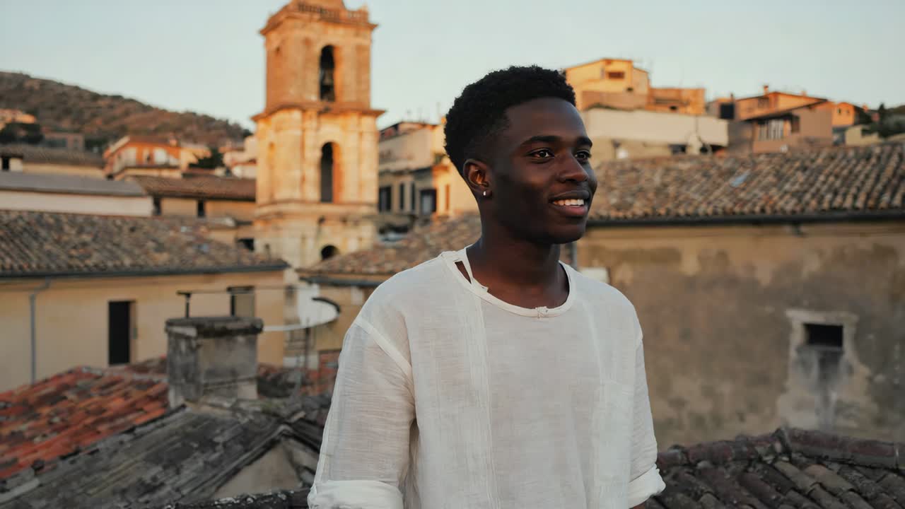 Young black man with short hair and white shirt looking at the horizon from a rooftop in a small town in southern Europe, enjoying the panoramic view of the ancient architecture at sunset