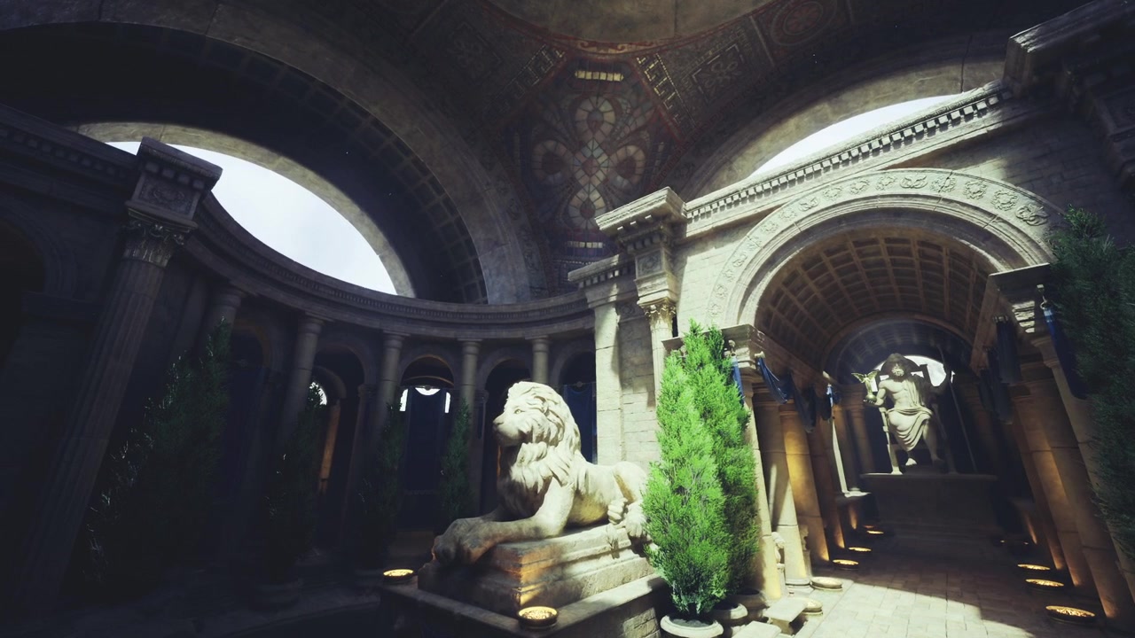 Rotonda illuminata dal sole con statua di leone in marmo, prospettiva di un fotografo di architettura