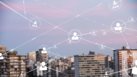 animation of network of connections with icons over cityscape
