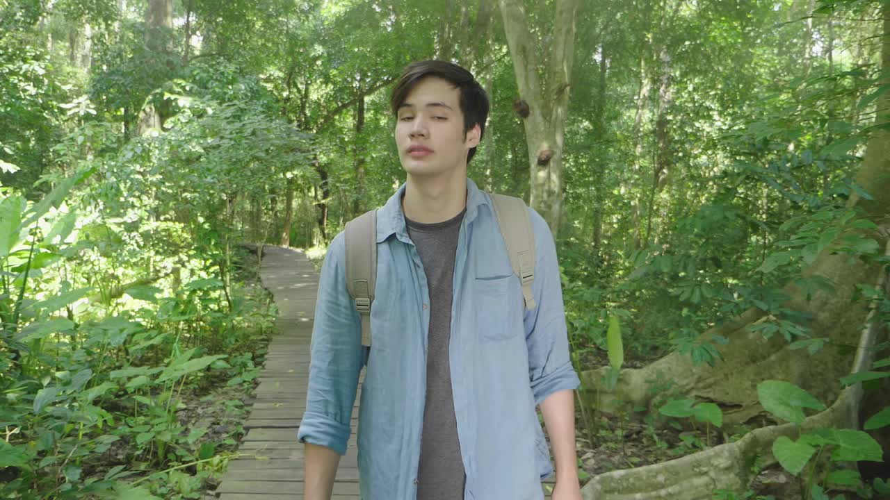Man Hiking in a Lush Forest