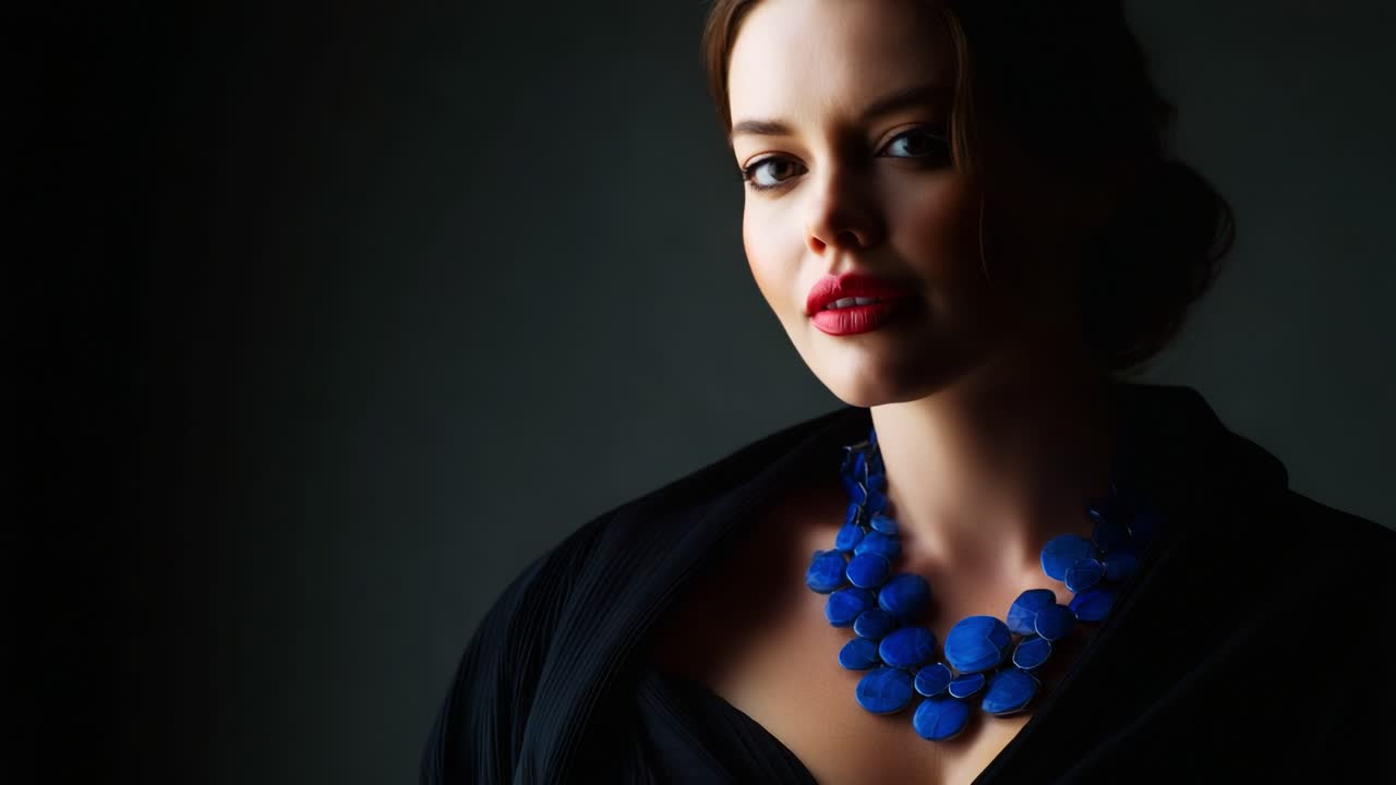 Splendido ritratto di una donna con tratti eleganti e un'audace collana blu, catturato in un'ambientazione con illuminazione d'effetto, che enfatizza la sua grazia e raffinatezza