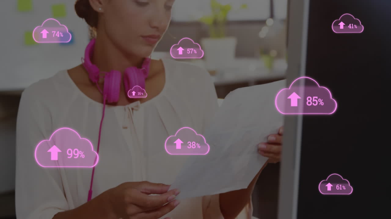 핑크색 헤드폰을 들고 핑크색 구름 위에 있는 백인 여성의 애니메이션